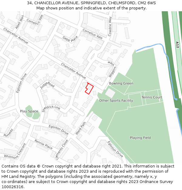 34, CHANCELLOR AVENUE, SPRINGFIELD, CHELMSFORD, CM2 6WS: Location map and indicative extent of plot