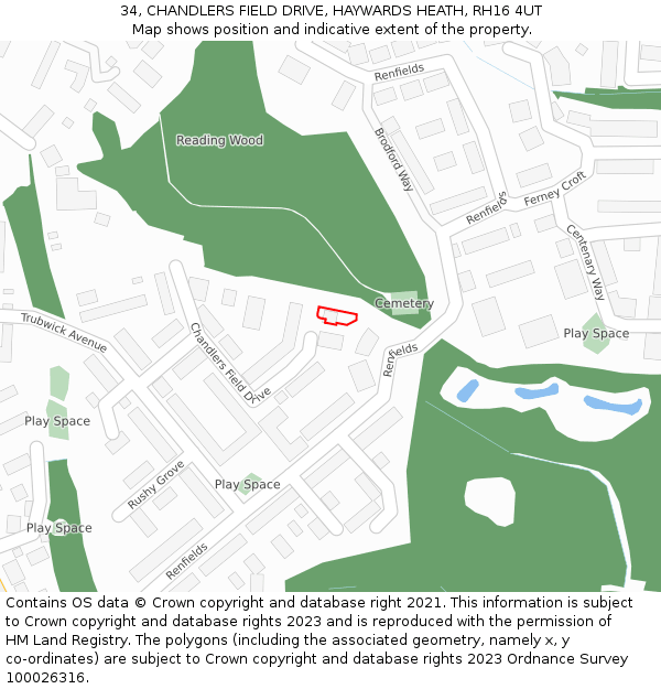 34, CHANDLERS FIELD DRIVE, HAYWARDS HEATH, RH16 4UT: Location map and indicative extent of plot