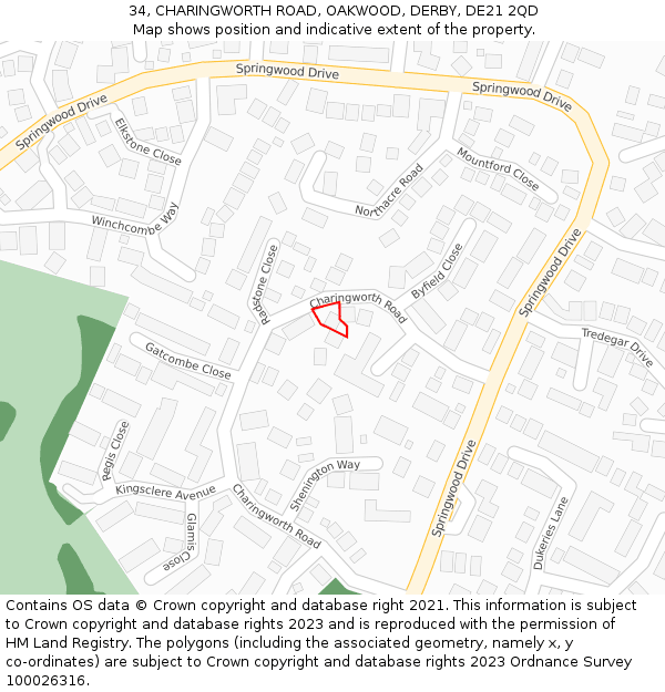 34, CHARINGWORTH ROAD, OAKWOOD, DERBY, DE21 2QD: Location map and indicative extent of plot