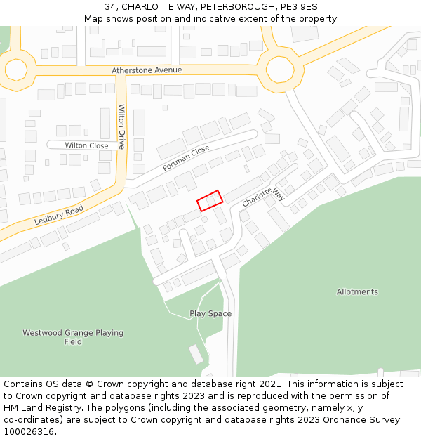 34, CHARLOTTE WAY, PETERBOROUGH, PE3 9ES: Location map and indicative extent of plot
