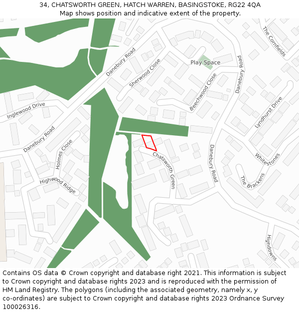 34, CHATSWORTH GREEN, HATCH WARREN, BASINGSTOKE, RG22 4QA: Location map and indicative extent of plot