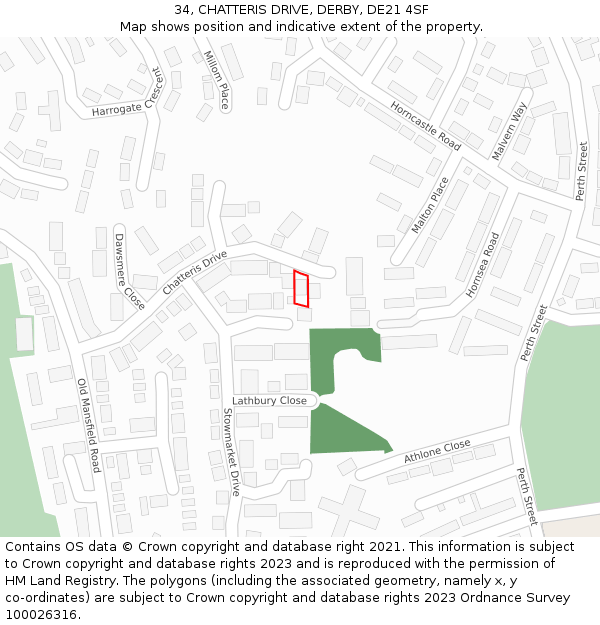 34, CHATTERIS DRIVE, DERBY, DE21 4SF: Location map and indicative extent of plot