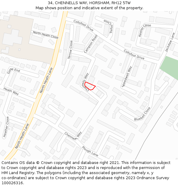 34, CHENNELLS WAY, HORSHAM, RH12 5TW: Location map and indicative extent of plot