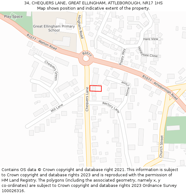 34, CHEQUERS LANE, GREAT ELLINGHAM, ATTLEBOROUGH, NR17 1HS: Location map and indicative extent of plot