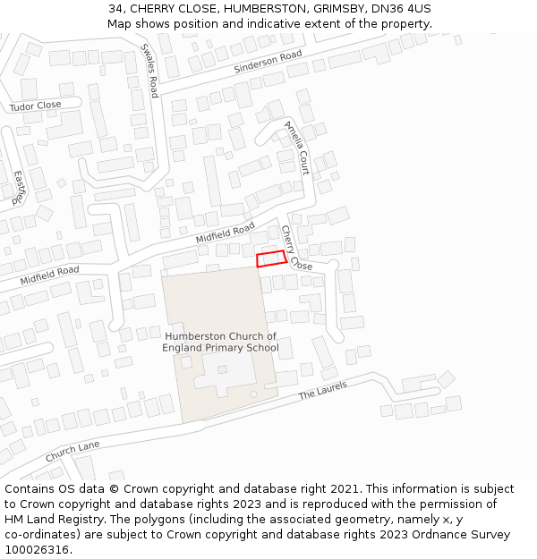 34, CHERRY CLOSE, HUMBERSTON, GRIMSBY, DN36 4US: Location map and indicative extent of plot