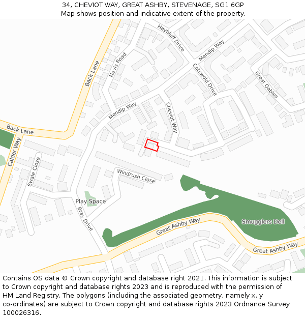 34, CHEVIOT WAY, GREAT ASHBY, STEVENAGE, SG1 6GP: Location map and indicative extent of plot