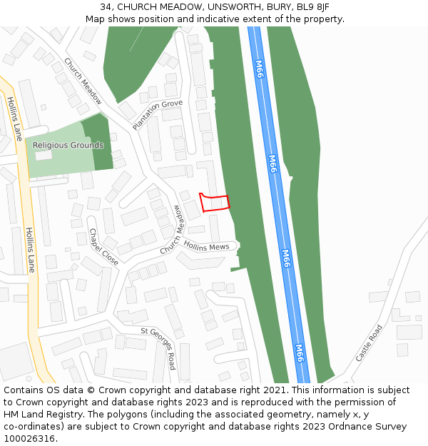 34, CHURCH MEADOW, UNSWORTH, BURY, BL9 8JF: Location map and indicative extent of plot