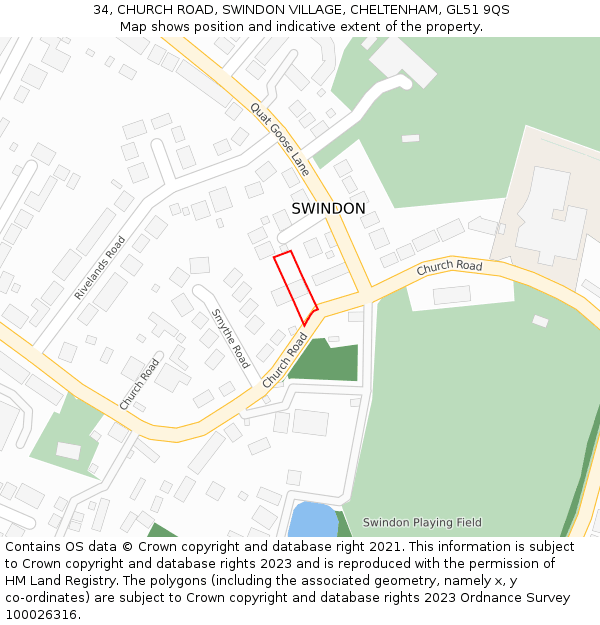 34, CHURCH ROAD, SWINDON VILLAGE, CHELTENHAM, GL51 9QS: Location map and indicative extent of plot