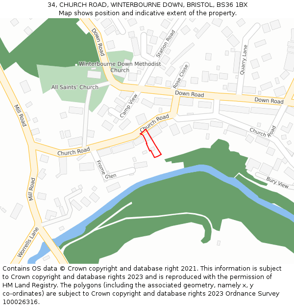 34, CHURCH ROAD, WINTERBOURNE DOWN, BRISTOL, BS36 1BX: Location map and indicative extent of plot