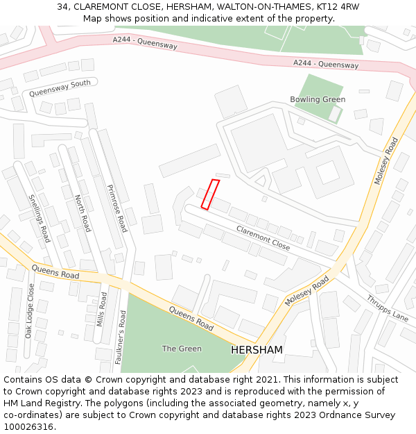 34, CLAREMONT CLOSE, HERSHAM, WALTON-ON-THAMES, KT12 4RW: Location map and indicative extent of plot