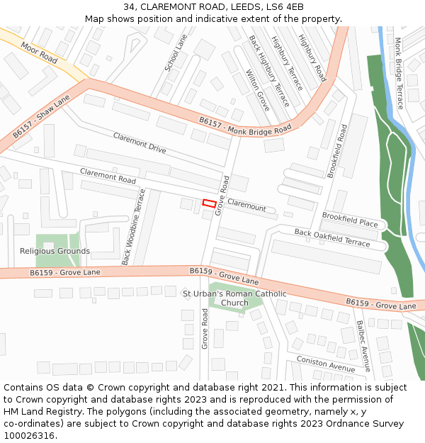 34, CLAREMONT ROAD, LEEDS, LS6 4EB: Location map and indicative extent of plot