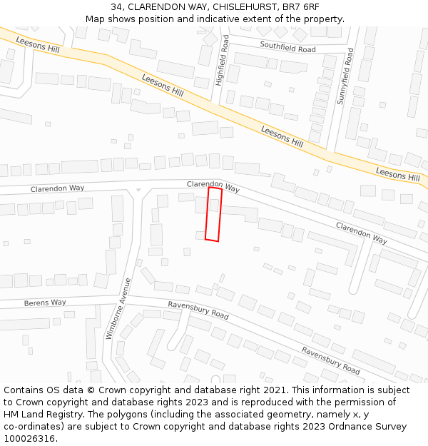 34, CLARENDON WAY, CHISLEHURST, BR7 6RF: Location map and indicative extent of plot