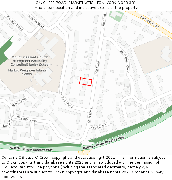 34, CLIFFE ROAD, MARKET WEIGHTON, YORK, YO43 3BN: Location map and indicative extent of plot