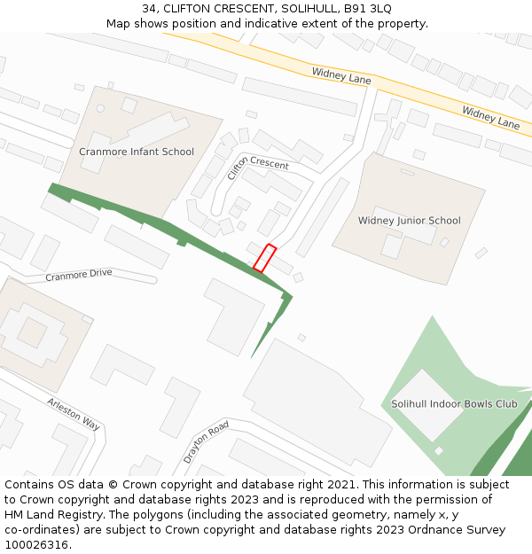 34, CLIFTON CRESCENT, SOLIHULL, B91 3LQ: Location map and indicative extent of plot
