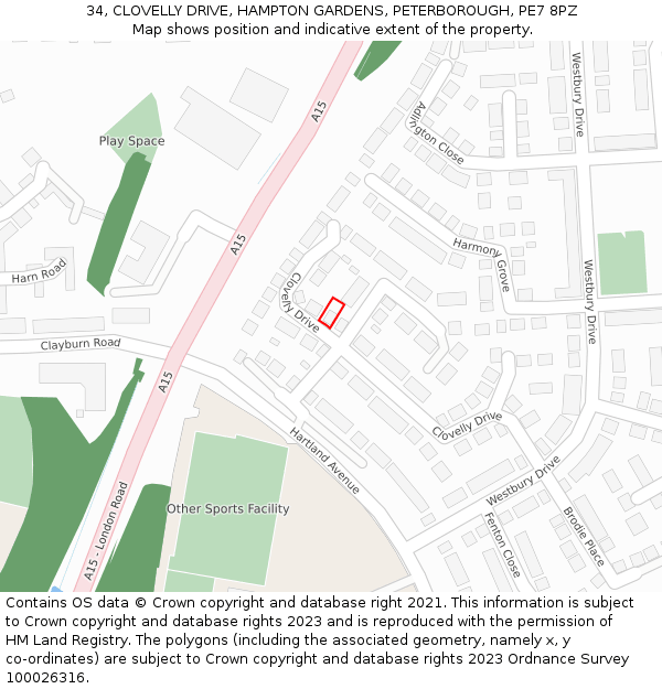 34, CLOVELLY DRIVE, HAMPTON GARDENS, PETERBOROUGH, PE7 8PZ: Location map and indicative extent of plot
