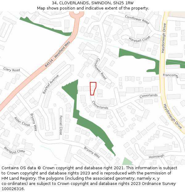 34, CLOVERLANDS, SWINDON, SN25 1RW: Location map and indicative extent of plot