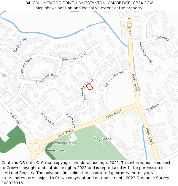 34, COLLINGWOOD DRIVE, LONGSTANTON, CAMBRIDGE, CB24 3GW: Location map and indicative extent of plot