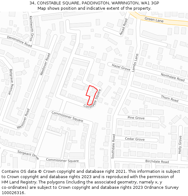 34, CONSTABLE SQUARE, PADDINGTON, WARRINGTON, WA1 3GP: Location map and indicative extent of plot