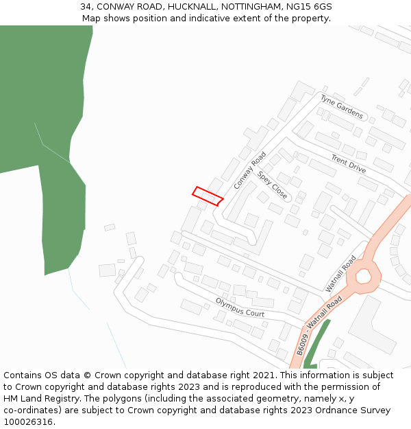 34, CONWAY ROAD, HUCKNALL, NOTTINGHAM, NG15 6GS: Location map and indicative extent of plot