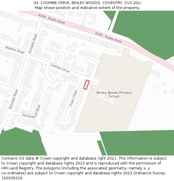 34, COOMBE DRIVE, BINLEY WOODS, COVENTRY, CV3 2QU: Location map and indicative extent of plot