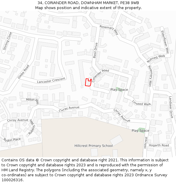 34, CORIANDER ROAD, DOWNHAM MARKET, PE38 9WB: Location map and indicative extent of plot