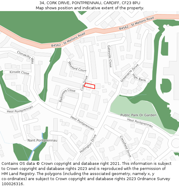 34, CORK DRIVE, PONTPRENNAU, CARDIFF, CF23 8PU: Location map and indicative extent of plot