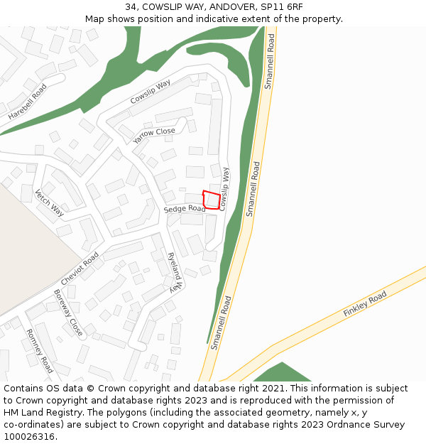 34, COWSLIP WAY, ANDOVER, SP11 6RF: Location map and indicative extent of plot