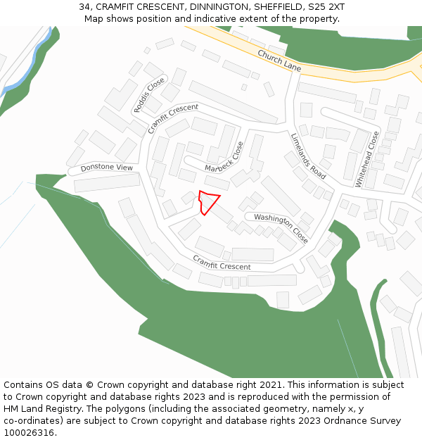 34, CRAMFIT CRESCENT, DINNINGTON, SHEFFIELD, S25 2XT: Location map and indicative extent of plot