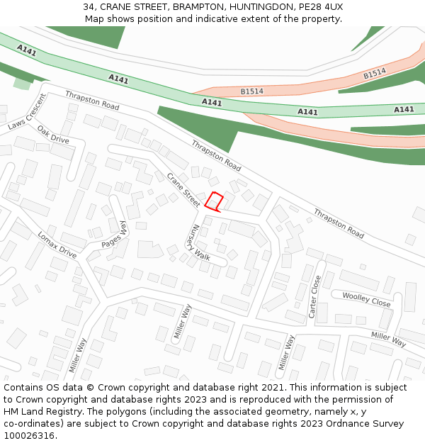 34, CRANE STREET, BRAMPTON, HUNTINGDON, PE28 4UX: Location map and indicative extent of plot
