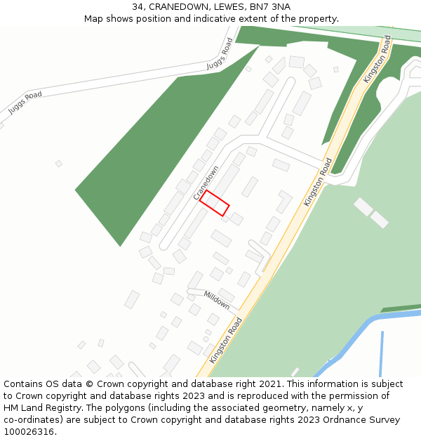 34, CRANEDOWN, LEWES, BN7 3NA: Location map and indicative extent of plot