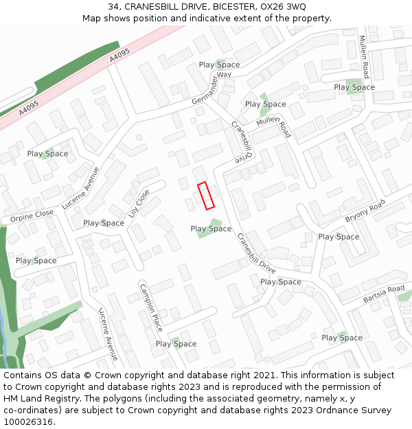 34, CRANESBILL DRIVE, BICESTER, OX26 3WQ: Location map and indicative extent of plot