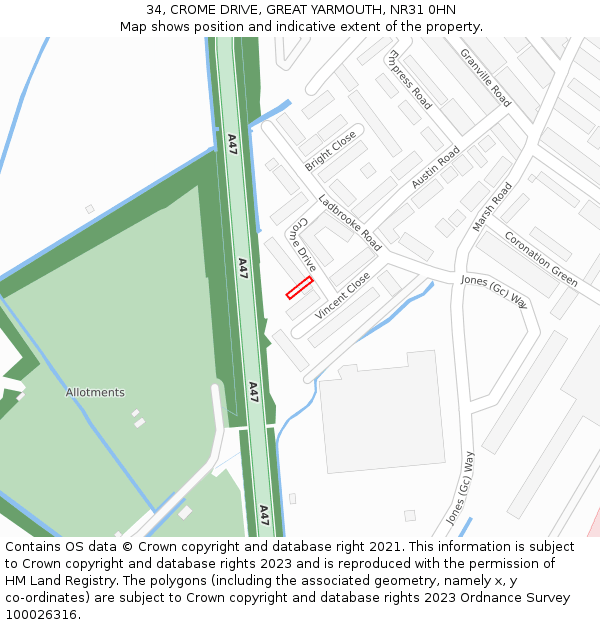 34, CROME DRIVE, GREAT YARMOUTH, NR31 0HN: Location map and indicative extent of plot