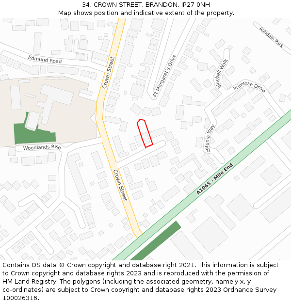 34, CROWN STREET, BRANDON, IP27 0NH: Location map and indicative extent of plot