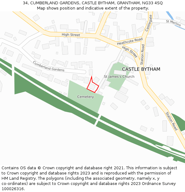 34, CUMBERLAND GARDENS, CASTLE BYTHAM, GRANTHAM, NG33 4SQ: Location map and indicative extent of plot