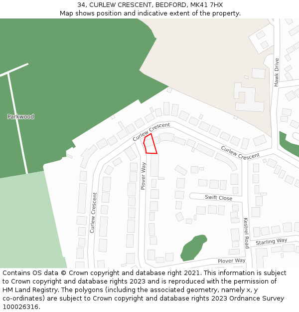 34, CURLEW CRESCENT, BEDFORD, MK41 7HX: Location map and indicative extent of plot