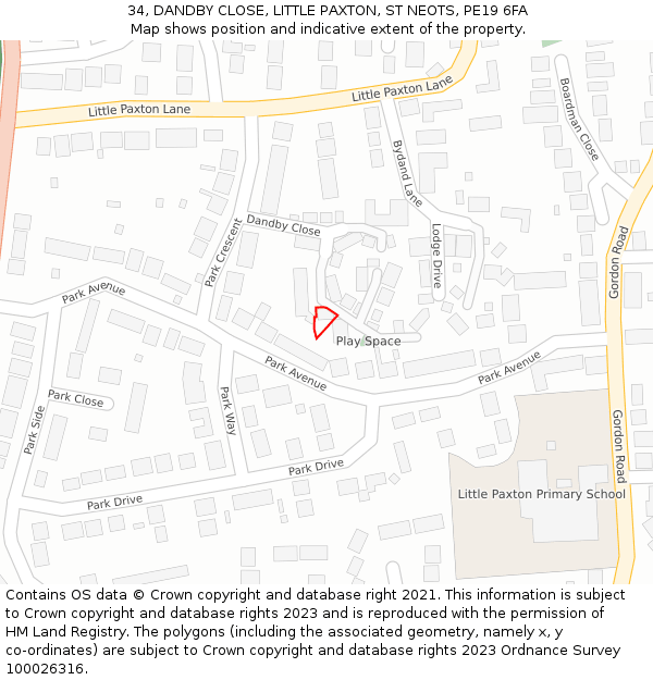 34, DANDBY CLOSE, LITTLE PAXTON, ST NEOTS, PE19 6FA: Location map and indicative extent of plot
