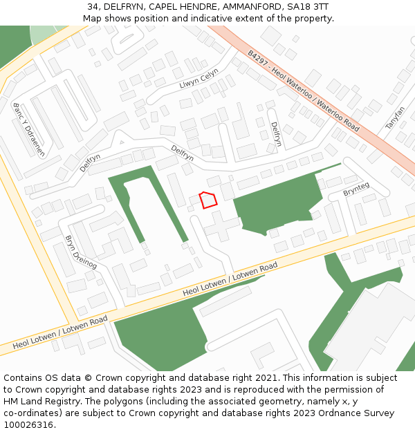 34, DELFRYN, CAPEL HENDRE, AMMANFORD, SA18 3TT: Location map and indicative extent of plot
