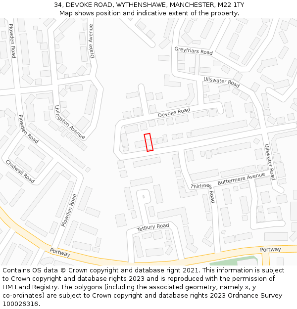 34, DEVOKE ROAD, WYTHENSHAWE, MANCHESTER, M22 1TY: Location map and indicative extent of plot