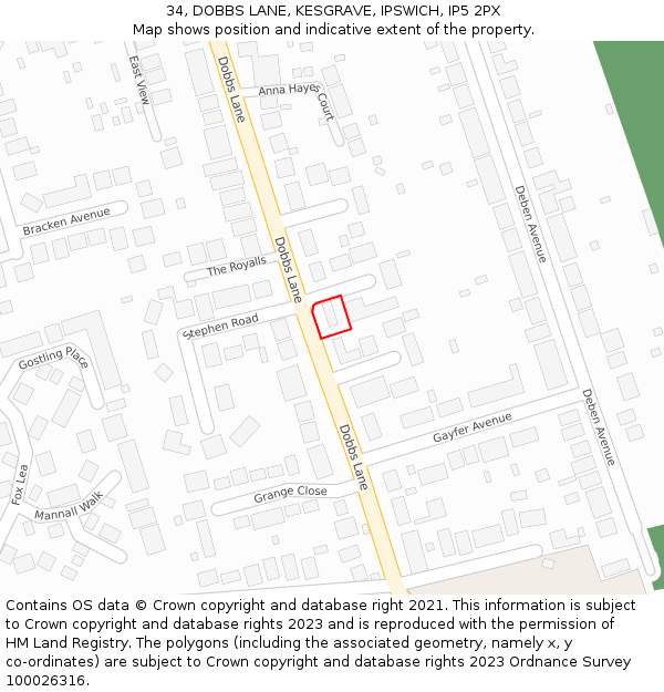 34, DOBBS LANE, KESGRAVE, IPSWICH, IP5 2PX: Location map and indicative extent of plot