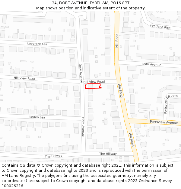 34, DORE AVENUE, FAREHAM, PO16 8BT: Location map and indicative extent of plot