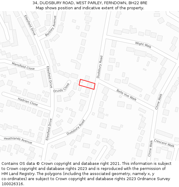 34, DUDSBURY ROAD, WEST PARLEY, FERNDOWN, BH22 8RE: Location map and indicative extent of plot