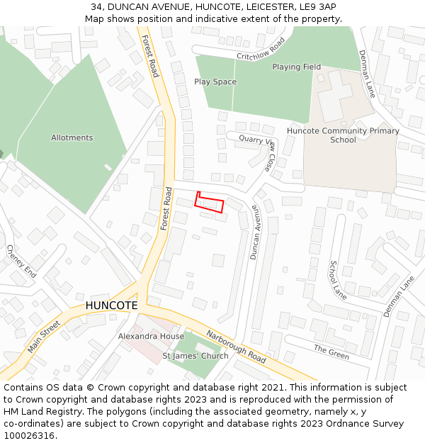 34, DUNCAN AVENUE, HUNCOTE, LEICESTER, LE9 3AP: Location map and indicative extent of plot