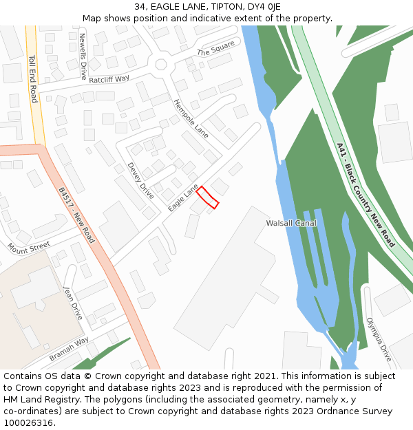 34, EAGLE LANE, TIPTON, DY4 0JE: Location map and indicative extent of plot