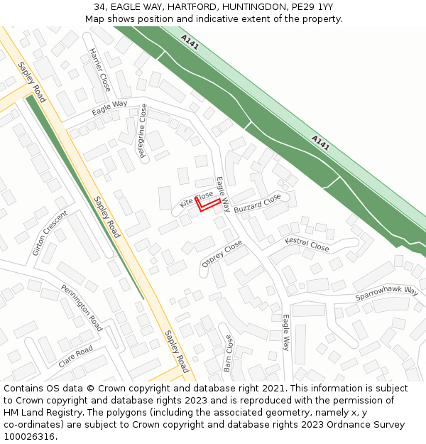 34, EAGLE WAY, HARTFORD, HUNTINGDON, PE29 1YY: Location map and indicative extent of plot