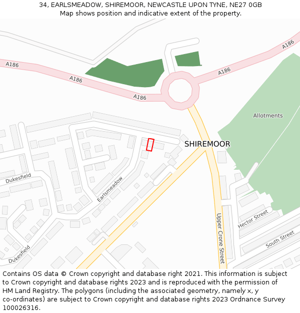 34, EARLSMEADOW, SHIREMOOR, NEWCASTLE UPON TYNE, NE27 0GB: Location map and indicative extent of plot