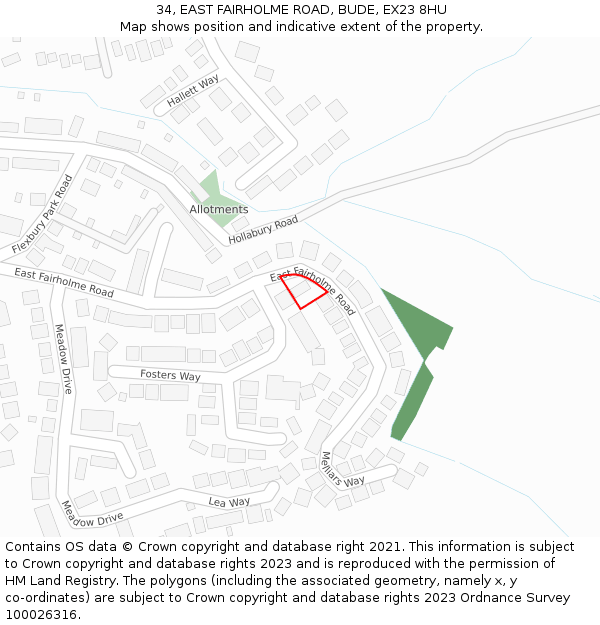 34, EAST FAIRHOLME ROAD, BUDE, EX23 8HU: Location map and indicative extent of plot