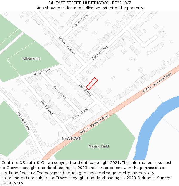 34, EAST STREET, HUNTINGDON, PE29 1WZ: Location map and indicative extent of plot