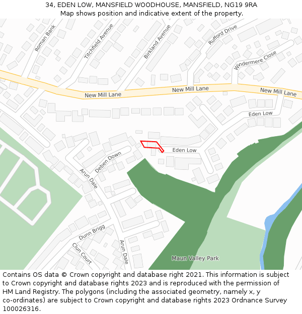 34, EDEN LOW, MANSFIELD WOODHOUSE, MANSFIELD, NG19 9RA: Location map and indicative extent of plot