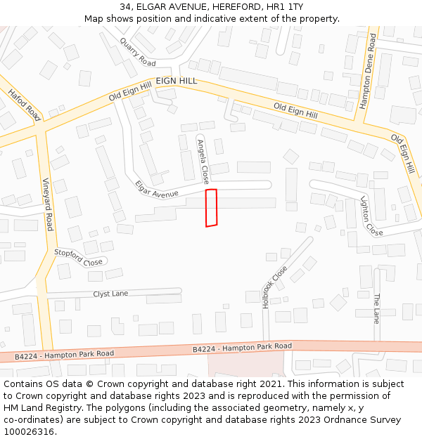 34, ELGAR AVENUE, HEREFORD, HR1 1TY: Location map and indicative extent of plot