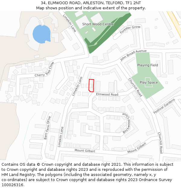34, ELMWOOD ROAD, ARLESTON, TELFORD, TF1 2NT: Location map and indicative extent of plot